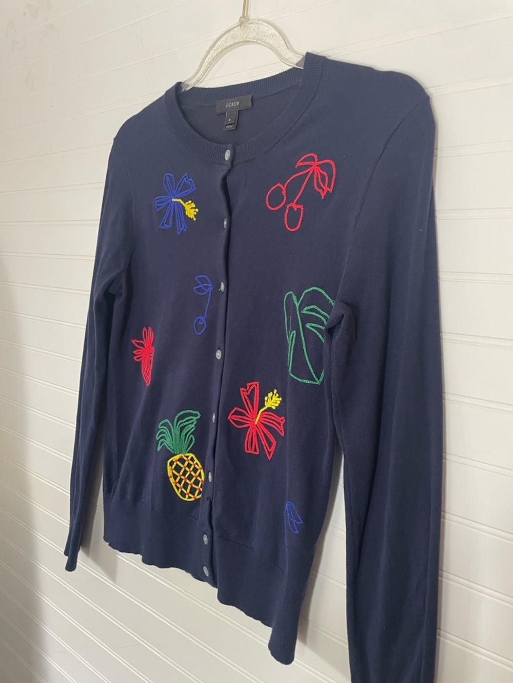 J.Crew Embroidered Multicolored Fruit Navy Blue Cardigan Size Small - Picture 3 of 7
